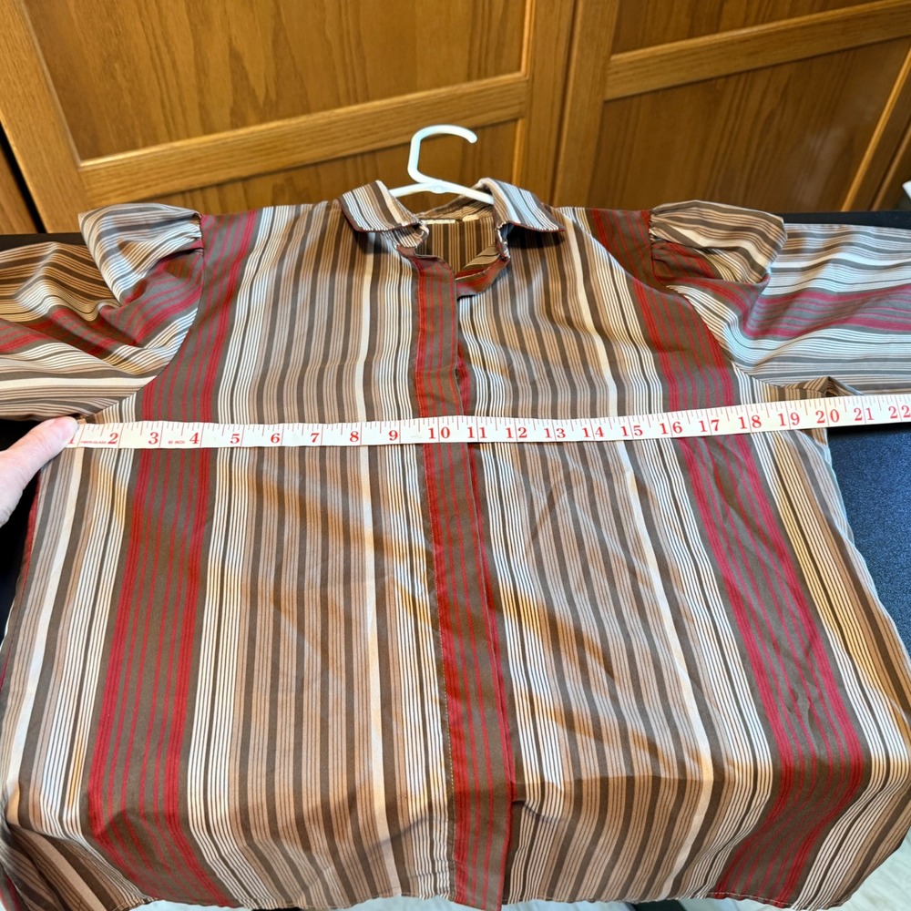 Vintage John Meyer Striped Puff Sleeve Button Down Blouse Brown Red Size 12 - Picture 4 of 8